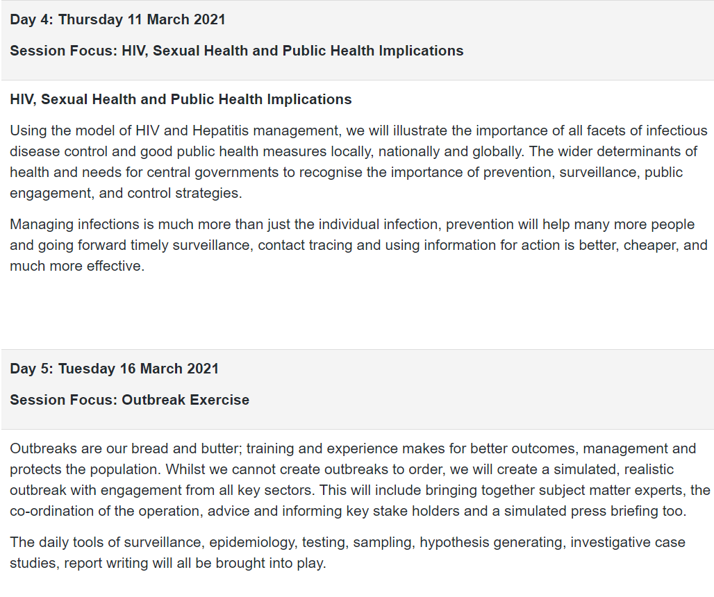 ExeterMedCPD's tweet photo. Take a look at the topics we're covering for the Principles of #healthprotection course @exetermed. Such variety! Join @doctorshaib and the team from 2 March 2021. Book now! https://t.co/DRYtanYNIt 

#climatechange #outbreakcontrol #vaccines #planetaryhealth https://t.co/5G0Q5RYqCS