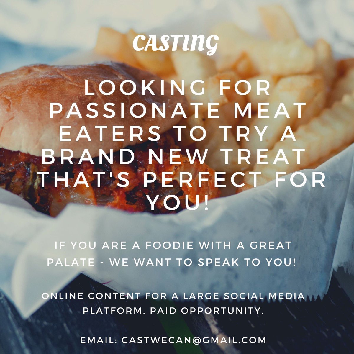 CASTING CALL ✨ I’m looking for passionate foodies from London and the surrounding areas that love meat to try a new treat from a major food brand 🍗🍔🥓 this is a paid opportunity ✨ email castwecan@gmail.com