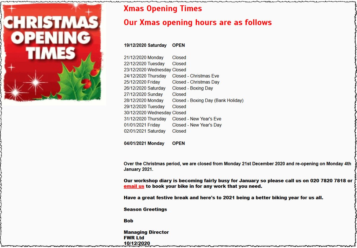 FWRltd's tweet image. Xmas opening hours