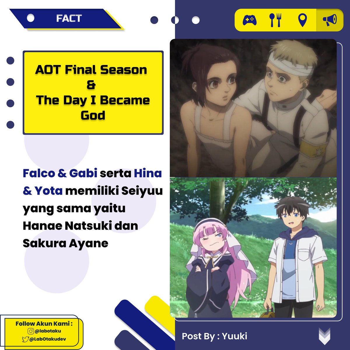 LabOtakudev's tweet photo. Woahh they have the same seiyuu

Attack on Titan Final Season &amp; The Day I Become God

#LabOtaku #LabFact #anime #manga #weebs #otaku #kawaii #cosplay #cosplayergirl #animegirl #AttackOnTitan #AttackonTitanFinalSeason #TheDayIBecomeGod https://t.co/Z0AXjdrAvV