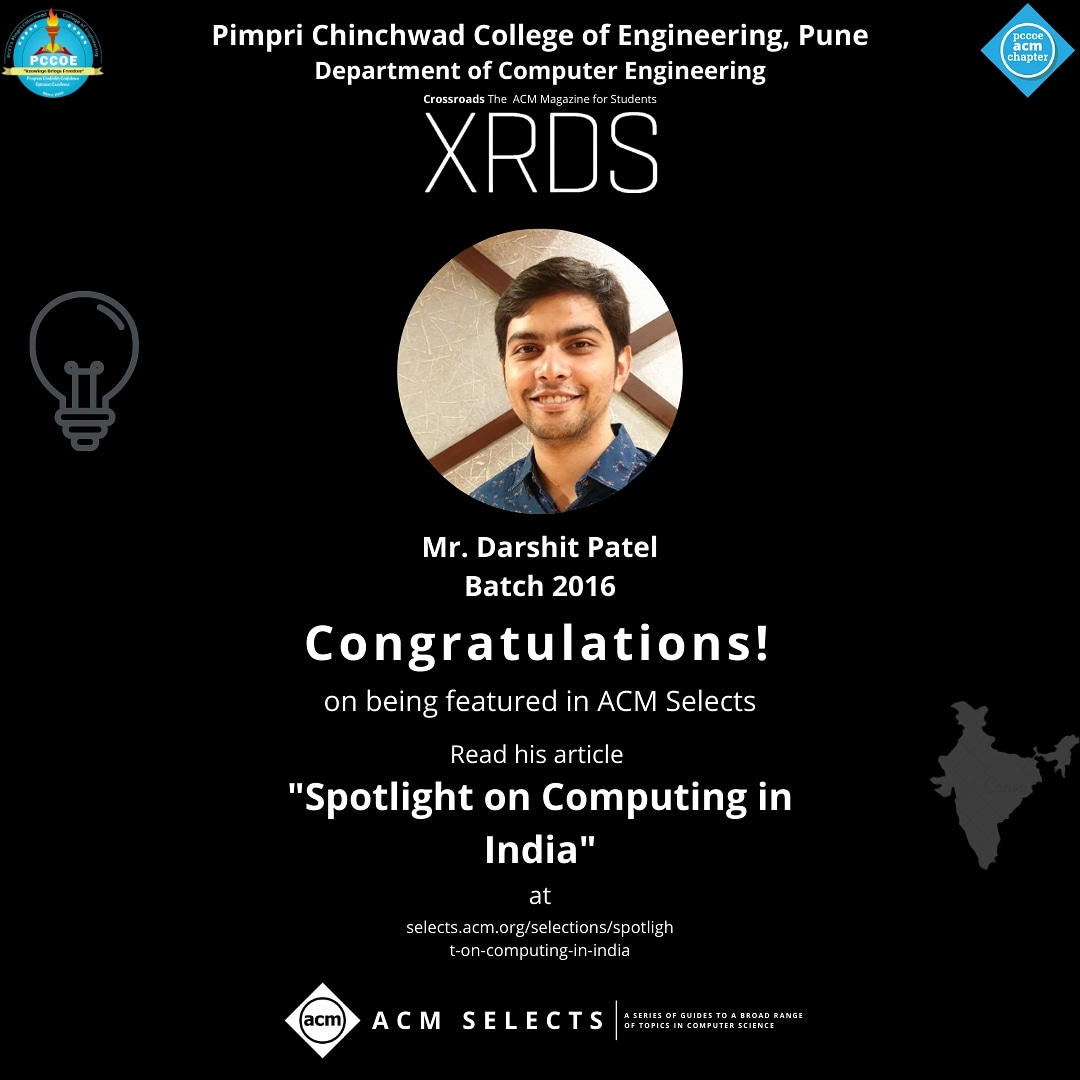 pccoeacm's tweet photo. We are pleased to inform you all that our prominent alumnus Mr. Darshit Patel has contributed for ACM Select's article, "Spotlight on Computing in India".

Article Link:
https://t.co/jtR4JvayzA

#acmselect #article #xrds #acm #ACMIndia #pcet #pccoe #pccoeacm https://t.co/ncTpWikGOj