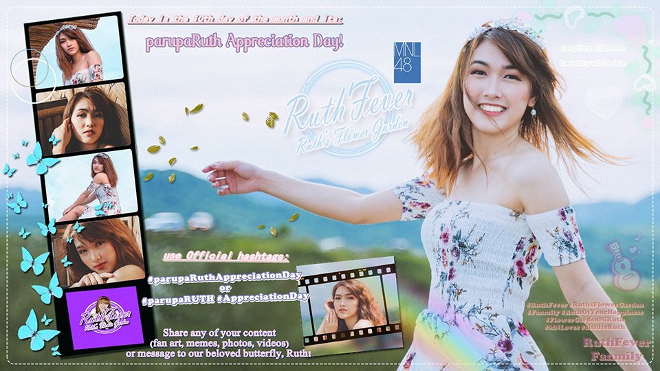 MNL48RuthFever's tweet photo. Today is the 10th day of the month and its
parupaRuth Appreciation Day!
Share any of your content (fan art, memes, photos, videos)
or message to our beloved butterfly, #MNL48Ruth
#parupaRuthAppreciationDay
#parupaRUTH #AppreciationDay
#RuthFever #RuthsFlowerGarden
#Fanmily π https://t.co/F5uObiRRKm