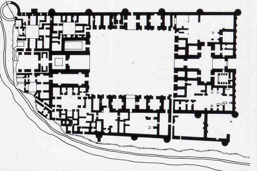 measuring over one-hundred and sixty-five (north-south) by ninety-five (east-west) meters at its largest. Built as a rectangular courtyard structure, the palace was enlarged during the  #Ghurid period to include irregular segments to the west or north,