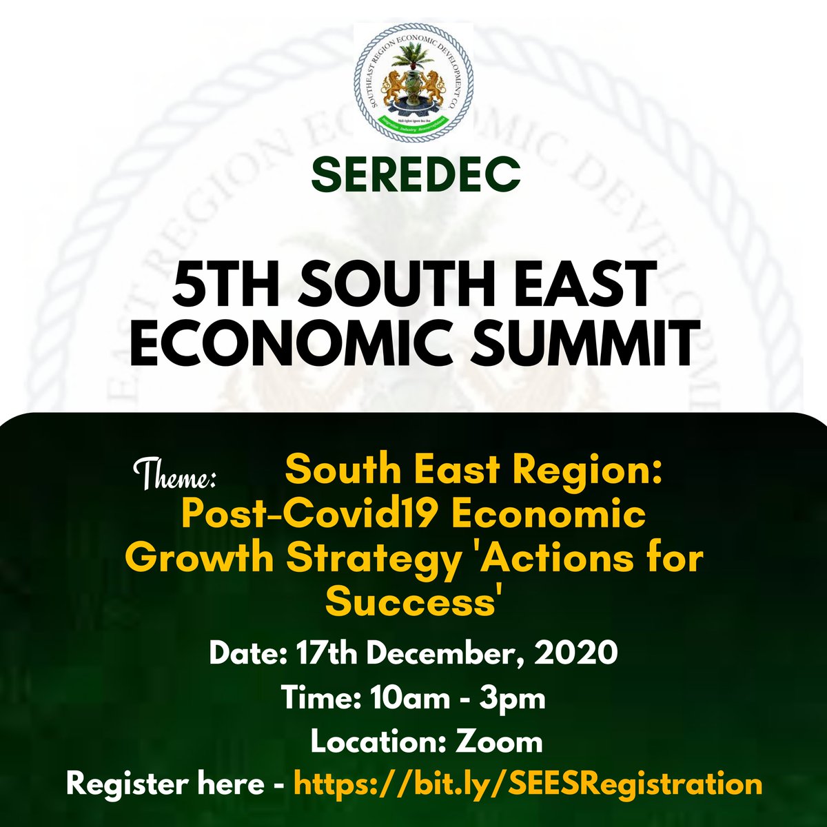 seredecng's tweet photo. UPDATE: The 5th South East Economic Summit will no longer be held physically as earlier announced; it will be held virtually.

To register and get access to the Zoom link, visit https://t.co/LSSiwYz7cT

All inconveniences are regretted.

Please share widely!
#sees5 #seredec https://t.co/Yk0O5wjsSb