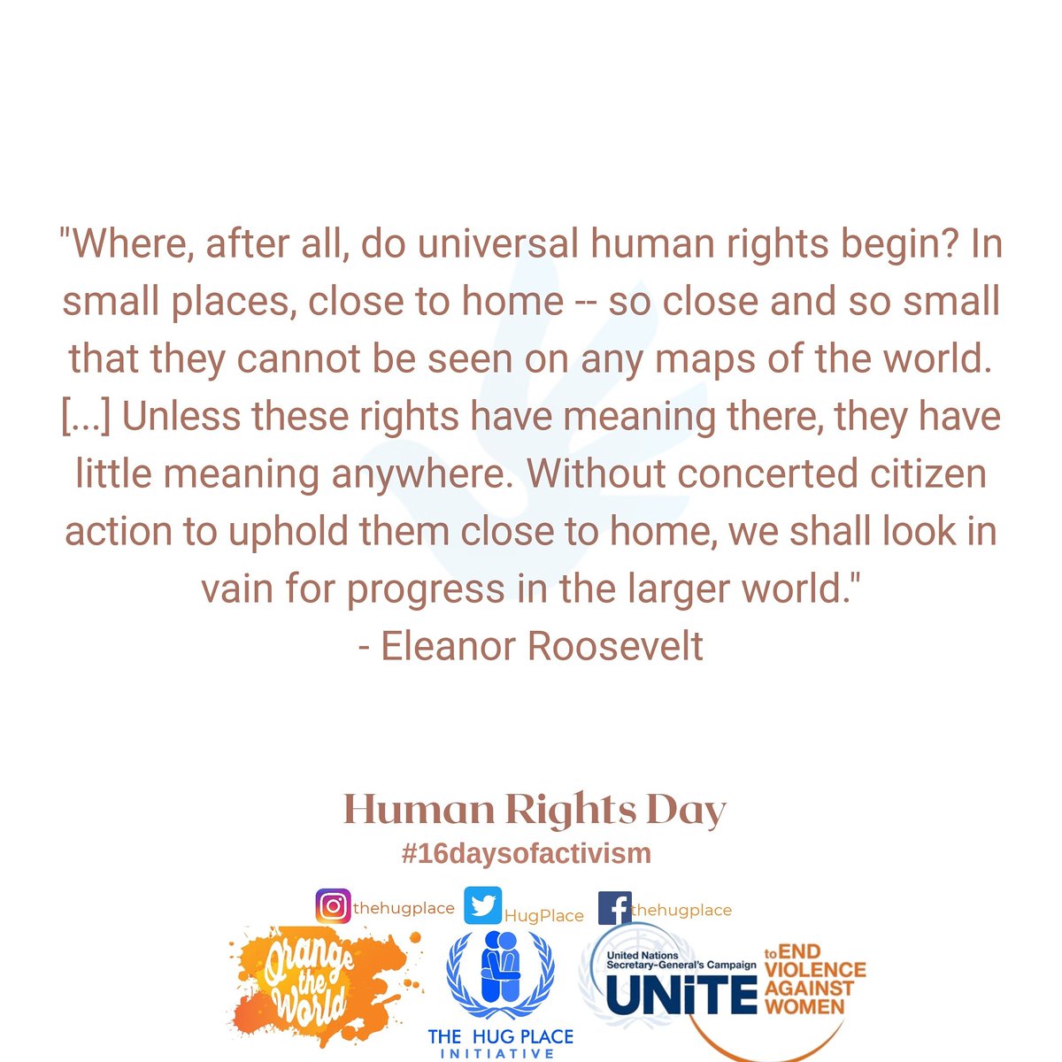 HugPlace's tweet photo. As an organization, we are committed to ensuring that the small places, the places close to home are safe for women and girls and invariably for all humanity.

You matter
Everyone of us matter. 

We will always stand up for Human Rights!

#16daysofactivism
#HumanRightsDay https://t.co/XNEMrw8uuo
