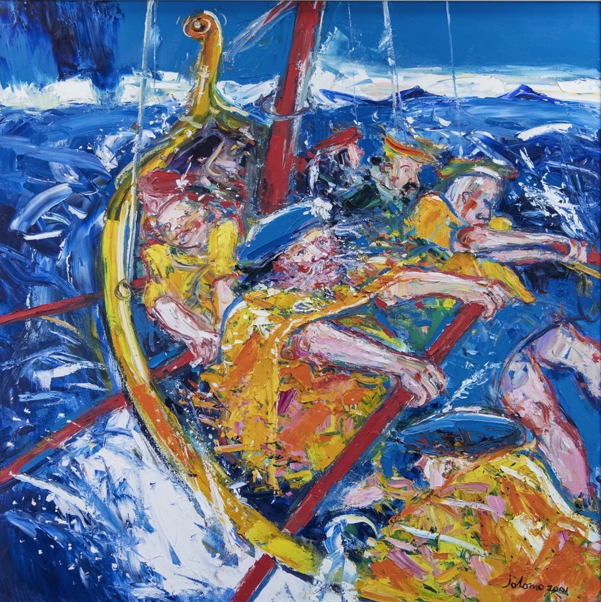 "The big chap with the baldy head is my dad!" John painted friends and family into this piece of Scottish history, 'The Birlinn Leaving the Uists', inspired by an 18th-century Gaelic poem. The painting will be auctioned <a href="/McTears/">@mctears</a> on Sunday. More info here ow.ly/gPVj50CHo1T