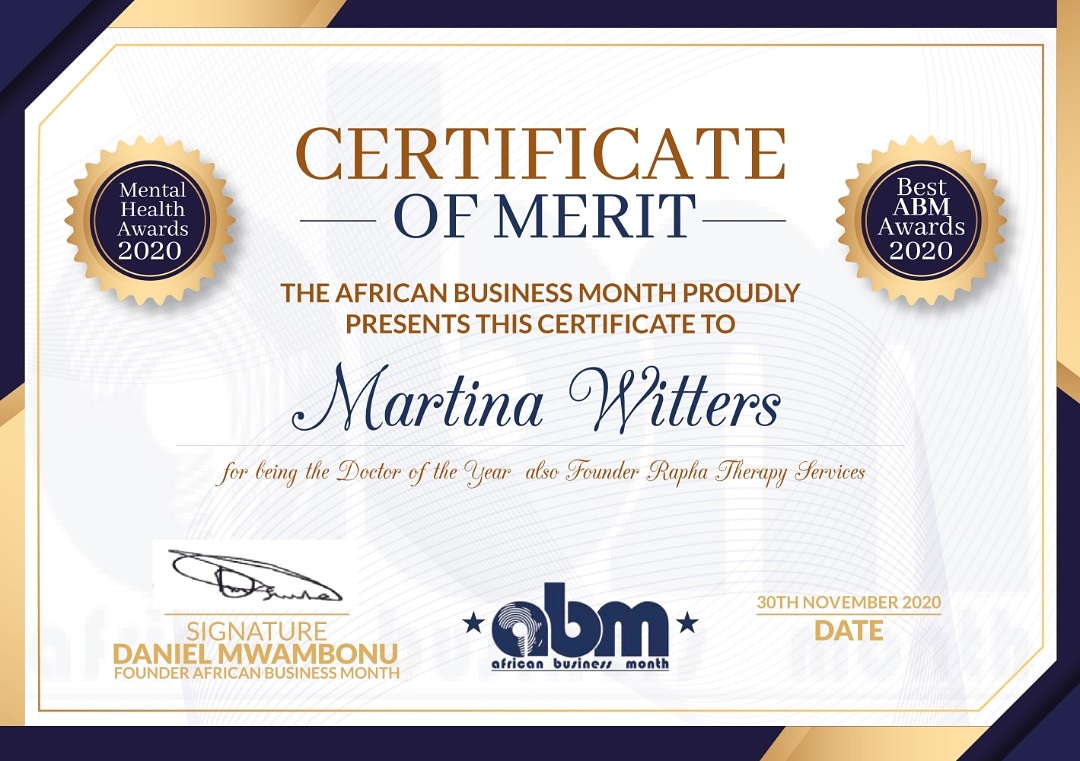 AfricanBMonth's tweet photo. The African Business Month proudly presents the Mental Health Doctor of the Year Award to Martina Witters for her invaluable contributions and devotion in  Mental Health. https://t.co/QXghW1EKc8