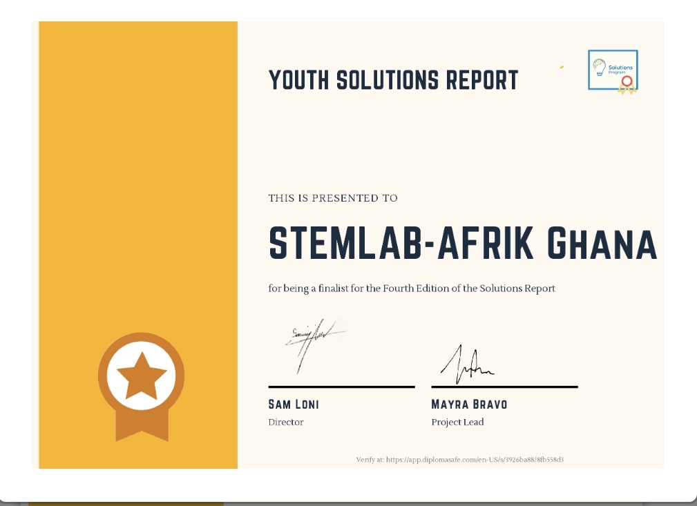 StemlabA's tweet photo. Great News from SDSN Youth for issuing STEMLAB-AFRIK a finalist certificate for the Fourth Edition of the Solutions Report. We are so excited for this Opportunity.
#stemeducation #innovation 
https://t.co/vIaTFBYahp #YouthSolutions via @diplomasafe https://t.co/nTWNM4494L