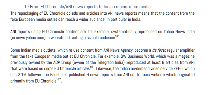ANI articles are then picked by mainstream Indian news groups through their Yahoo News service, and that is how articles from a fake website named EUChronicles that has links to Srivastava group, reaches mainstream media in India.14/N