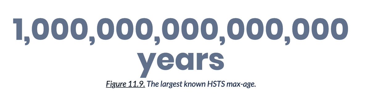 May I introduce a site that wants to be very safe. Largest known and found HSTS max-age property: 1,000,000,000,000,000. HSTS explainer:  https://developer.mozilla.org/en-US/docs/Web/HTTP/Headers/Strict-Transport-Security https://almanac.httparchive.org/en/2020/security#http-strict-transport-security
