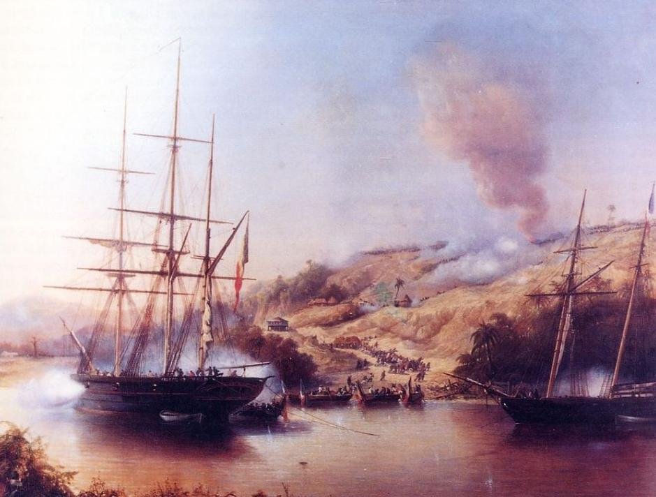 Despite the loss of some Belgians which were shot at by the Landum from the river banks, the ships were able to return back to high sea. Paul-Jean Claeys made this painting of the 'Battle of Boké' in 1859. 14/20Paul-Jean Claeys, Battle of Boké, 1859.