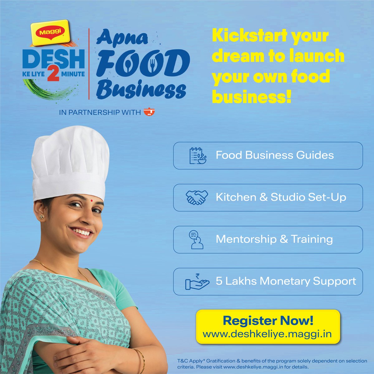 Calling all home chefs! Do not miss this fantastic opportunity to kickstart your dream venture! Click here: deshkeliye.maggi.in to register!

#ApnaFoodBusiness #Maggi #DeshKeLiye