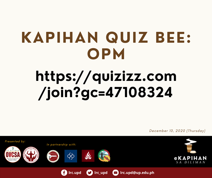 lrc_upd's tweet photo. Oras na naman para sa isang quiz! At ang quiz naman ngayon ay tungkol sa #OPM.

Sumali rito: https://t.co/nzGhA6qSVt

🌻

#TeamDLRC @updilimanovcsa #UPDOCG @upcssc @UFCUPDiliman @GabayIsko

#KapihanSaDiliman #eKapihanSaDiliman2020 https://t.co/J41Y5Loa58