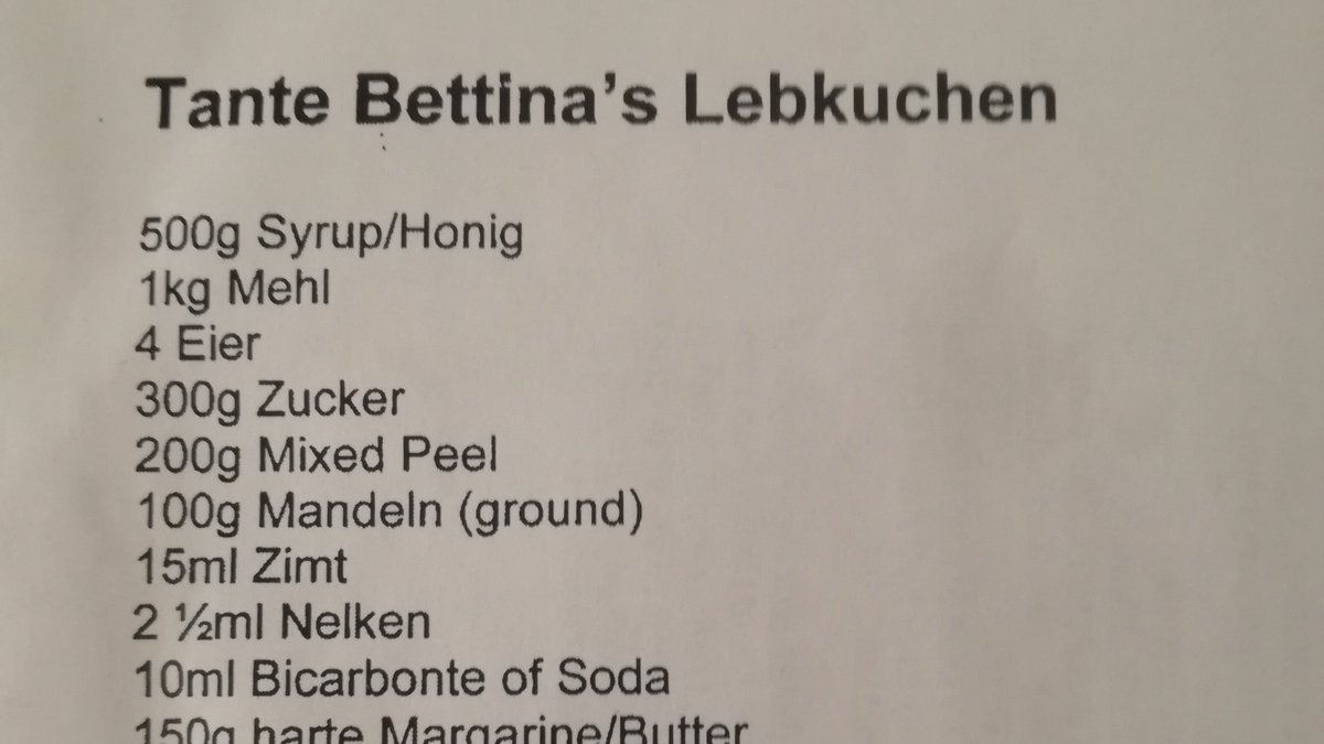 Lebkuchen recipe a la ZA for  @julesmrobertsf1. 'Tante Bettina' is my godmother, although it's not ACTUALLY her recipe. It is much older, adapted by a German woman who worked as a cook & cleaner for a rich family who (together) immigrated to South Africa.