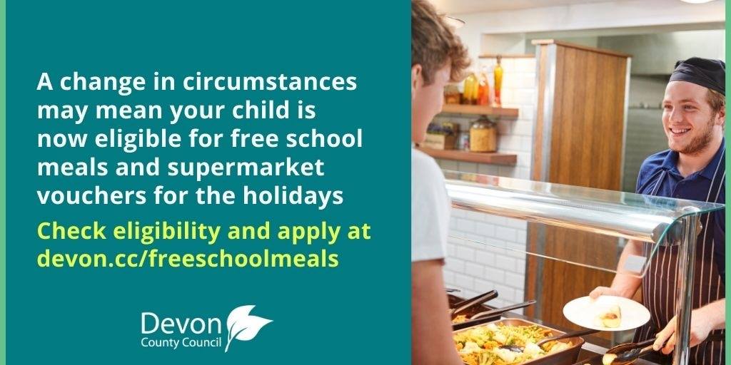 A change in circumstances may mean your child is now eligible for free school meals &amp; supermarket vouchers for the holidays. Check your eligibility &amp; apply online: soc.devon.cc/gy5lc

You will need to apply by 18 Dec to receive supermarket vouchers for this Christmas period.