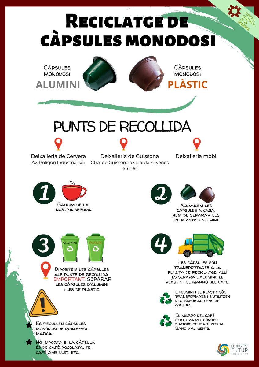 RECICLATGE DE CÀPSULES MONODOSI A LA SEGARRA!
#capsulesmonodosi #capsulescafe #capsulascafe #nestle #nespresso #dolcegusto #segarraresiduszero #reduir #reutilitzar #reciclar #recuperar #lasegarra #zerowaste #vidasostenible #environment #mediambient #reciclatge #recollidaselectiva