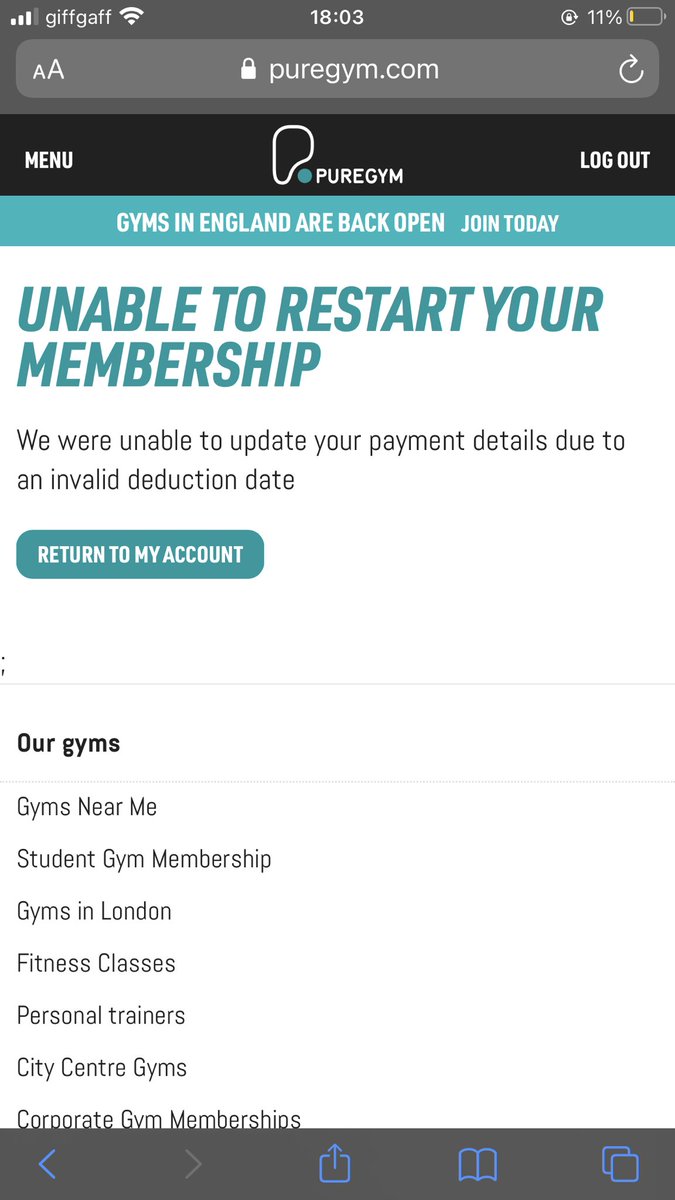 VickyyN's tweet photo. @PureGym please can someone reply to my Dms . I want to restart my membership but comes up with this. https://t.co/TBHKVX9jDF