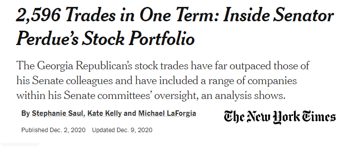 Perdue has been the most prolific trader of stocks, funds, or shares in the Senate.- Perdue has made almost one-THIRD of all trades among members- Perdue’s trades are roughly the equivalent to the combined sum of trades conducted by the 2nd to 6th most active traders in the Sen