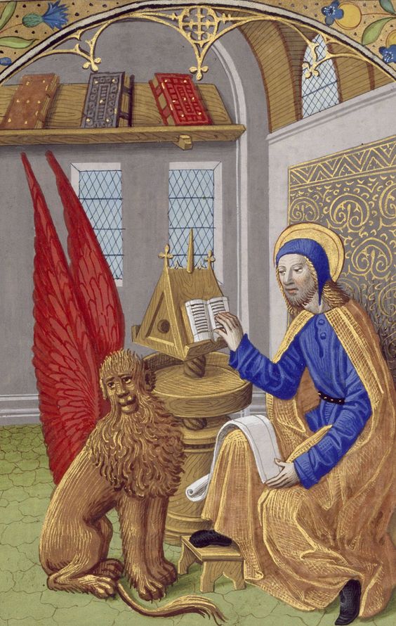 Left: an icon of Saint Mark the Evangelist, 1657.Right: Book of Hours, France, Paris, ca. 1520MS M.632 fol. 18r, Morgan Library.Below:  #TinyLion is beseeching someone to take him for a walk. A lavishly conditioned mane and magnificent wings have limited power to comfort.