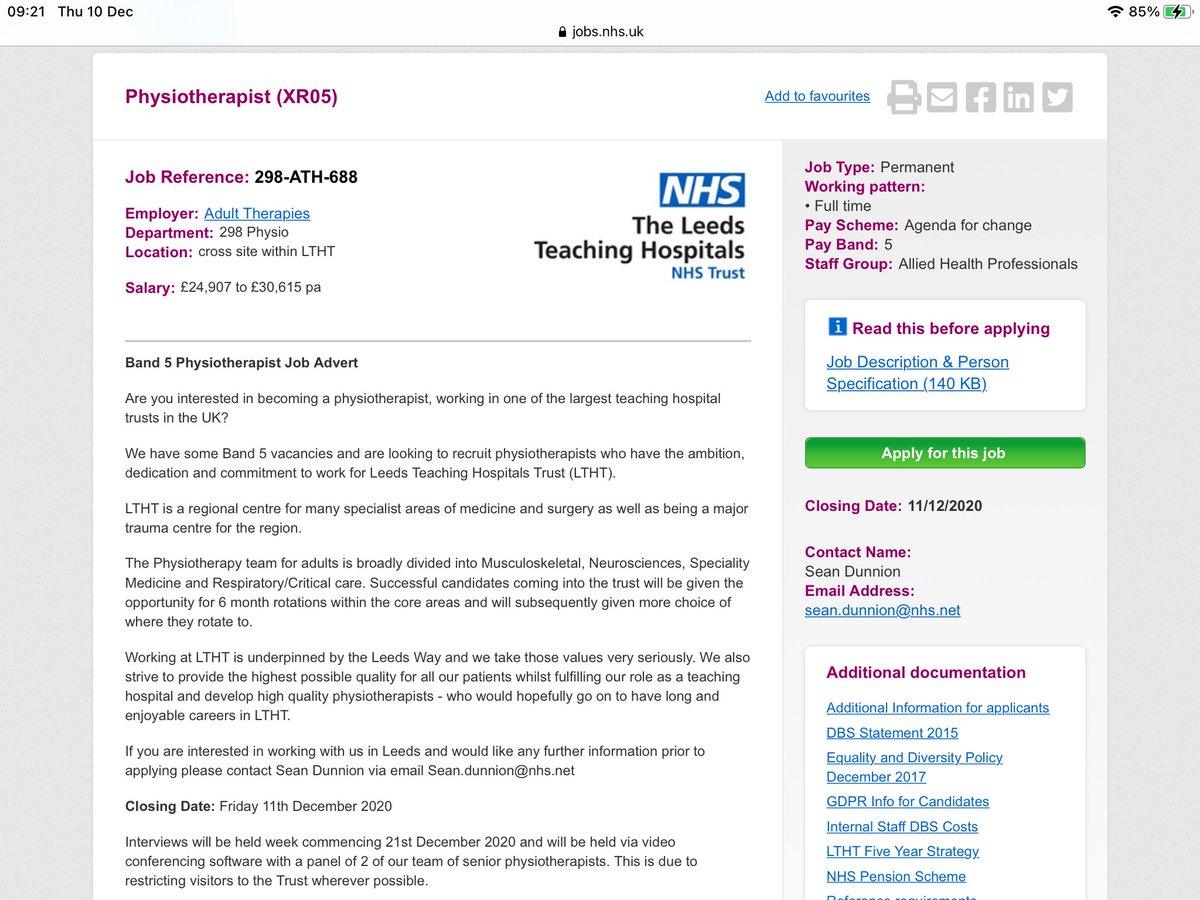 Any new or soon-to-be-qualified Physiotherapists who would like to join <a href="/LTHTPhysio/">Leeds TH Physio</a> at Leeds Teaching Hospitals NHS Trust? Check out our advert on the nhs jobs website and come and join our fabulous team 🎓🦿🧠🫁🫀💙🌈 <a href="/BeckettPhysio/">LeedsBeckettPhysio</a>