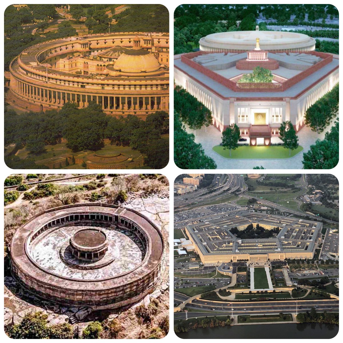 Well, the existing Parliament building built by the Brits bears a remarkable similarity to the Chausath Yogini Temple in Morena in Madhya Pradesh, while the new ‘atmanirbhar’ Parliament building bears an eerie likeness to the Pentagon in Washington DC.