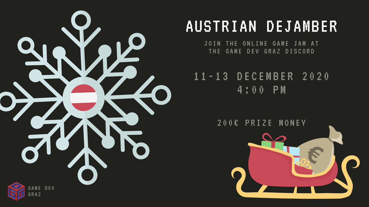 REMINDER FOR TOMORROW!

We're hosting a gamejam at our discord this weekend: #Dejamber!
(yes, thats jam + december, we're good with words)

Topic announcement tomorrow 4pm CET!

#gamedev #gamejam #gamedevgraz
