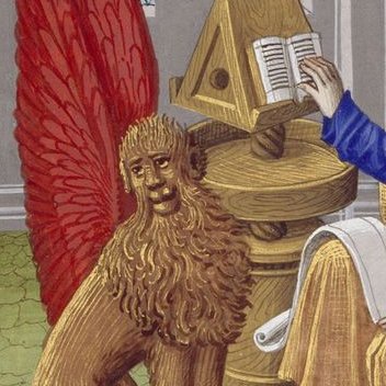 Left: an icon of Saint Mark the Evangelist, 1657.Right: Book of Hours, France, Paris, ca. 1520MS M.632 fol. 18r, Morgan Library.Below:  #TinyLion is beseeching someone to take him for a walk. A lavishly conditioned mane and magnificent wings have limited power to comfort.