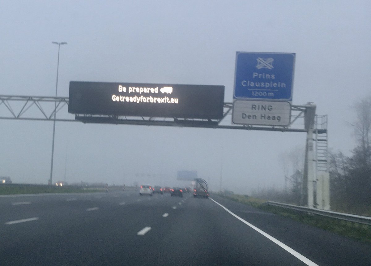 Leveroij's tweet photo. @archer_rs Meanwhile in eu: these signs over the A4 motorway Amsterdam-Rotterdam/Hook of Holland. Saw them yesterday every 20km or so to warn lorry drivers to prepare for brexit https://t.co/yBSht1mRoy