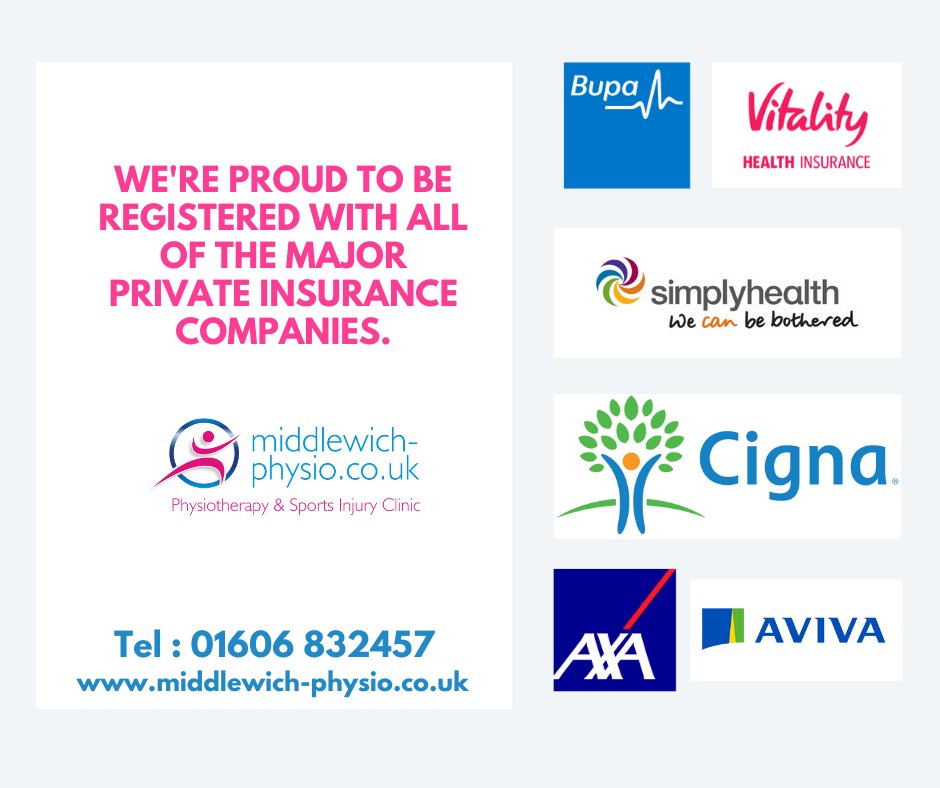 middlewichphys's tweet photo. We're proud to be registered with the main insurance companies, giving you peace of mind.
Tel 01606 832457.
https://t.co/u2v7jSHD3I #bupa #AXA #Vitality #simplyhealth #cigna #aviva #physio #injuries #sportsinjuries #gyminjuries #physiomiddlewich #physiocheshire #cheshirephysio https://t.co/eWZu5ERKup