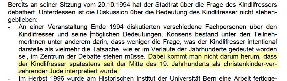 Di kota Bern di Swiss bahkan ada sebuah patung mirip Titan yang memakan bayi-bayi.Dari penelusuran saya di arsip kota tersebut, ada dugaan kuat bahwa patung ini terinspirasi mitos "blood libel" di atas. Topinya pun juga mirip dengan model "pointed hat" Yahudi pada masa itu.