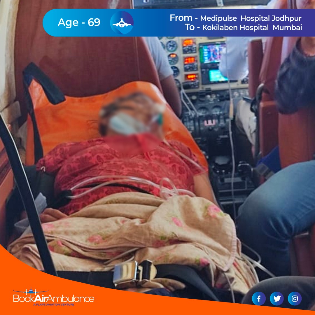 A 69 year old female, diagnosed with Viral pneumonia with sinusitis.The patient needed urgent treatment at Kokilaben hospital Mumbai. Book Air Ambulance quick response team on 8th December airlifted him from Medipulse hospital to Mumbai ensured getting the best treatment.