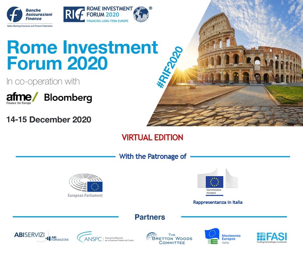 FeBAF's tweet photo. Rome Investment Forum #RIF2020 14 Dec 10am CET
Luigi Abete #FeBAF @GiuseppeConteIT @PaoloGentiloni Fabio Panetta @ecb @gualtierieurope @NadiaCalvino @pierregramegna @Palazzo_Chigi
Moderator @GuyJohnsonTV
Program&registration https://t.co/jFlOelCOLB @gfrizzuti @GiovannaMarando https://t.co/WDWehnEioe
