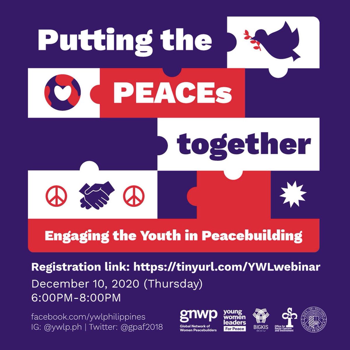 Starting in a few minutes! Tune in live via Facebook : fb.watch/2hGlbm7TSy/ 💜☮️

#YouthforPeace #YPS 

<a href="/gnwp_gnwp/">Global Network of Women Peacebuilders (GNWP)</a>