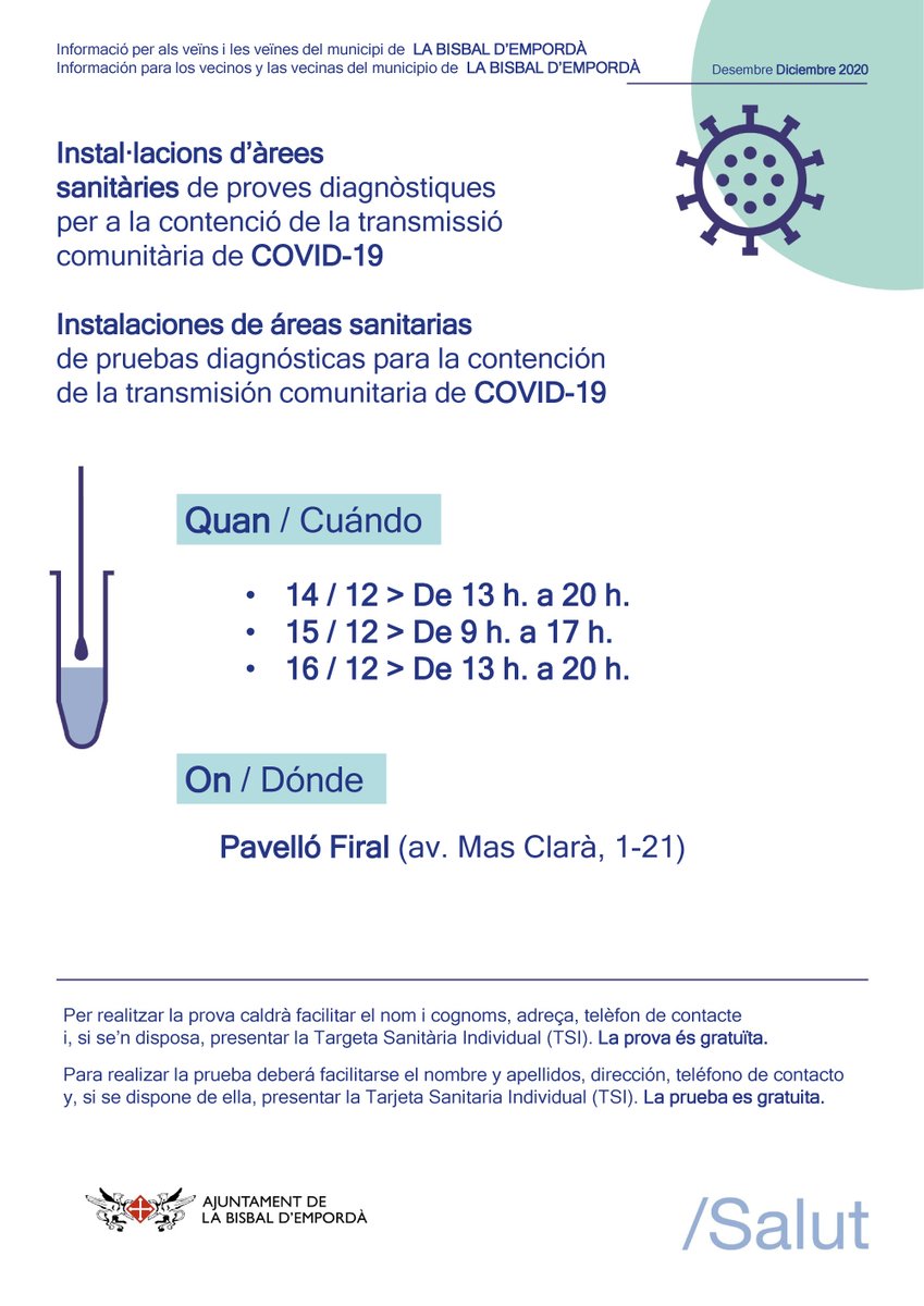 La setmana vinent es realitzarà un cribratge intensiu a la Bisbal d’Empordà

📅Dilluns 14: 13-20h
📅Dimarts 15: 9-17h
📅Dimecres 16: 13-20h 
📌 Palau Firal 
👬 Residents al municipi majors de 16 anys

Més info 🔗bit.ly/3qG2ViW 

#COVID19 | #cribratge