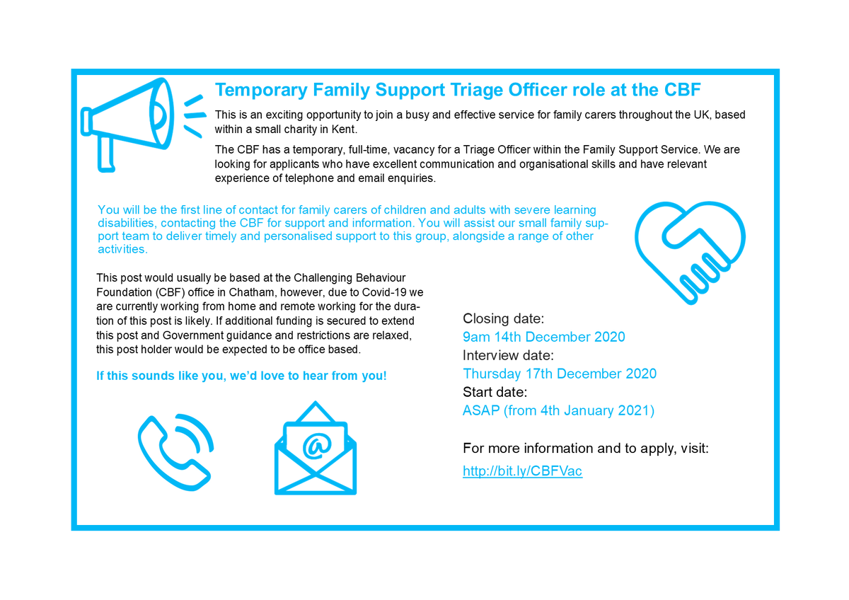 New vacancy at the CBF: Temporary Family Support Triage Officer. 
Join a busy and effective service for family carers throughout the UK! 
Get more information here: lght.ly/39hkj2i and make sure you apply before 14 December.
#hiring #vacancy #recruitment