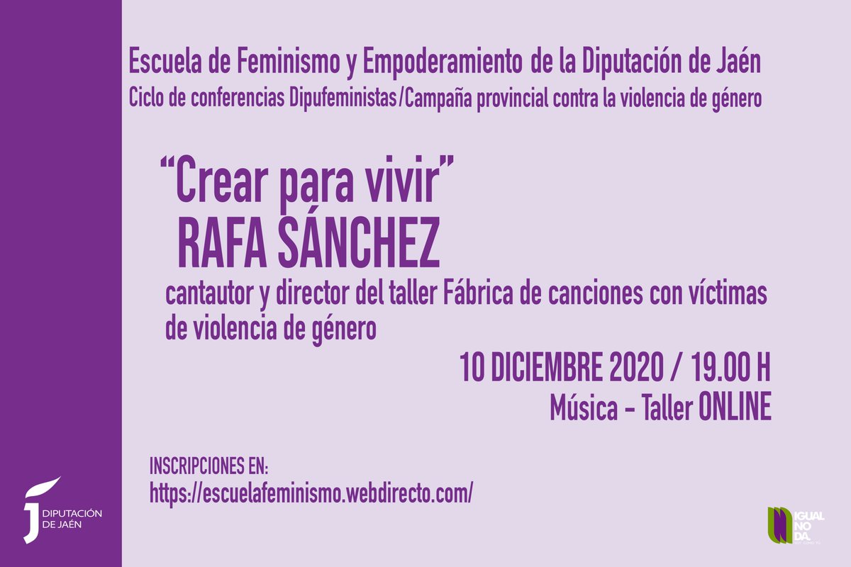 📅 Esta tarde, una nueva conferencia de la Escuela de Feminismo y Empoderamiento de <a href="/dipujaen/">Diputación de Jaén</a>.
“Crear para vivir”, a cargo de Rafa Sánchez, cantautor y director del taller “Fábrica de canciones con víctimas de violencia de género”.
⏰ 19 horas.
💻 Online: escuelafeminismo.dipujaen.es