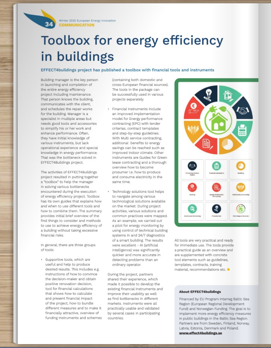 Check out the winter edition of European Energy Innovation magazine where an article about <a href="/EFFECT4building/">EFFECT4buildings</a> Toolbox is published! It includes a set of financial instruments to lower the risks of implementing #energyefficiency measures in buildings.
europeanenergyinnovation.eu/OnlinePublicat…