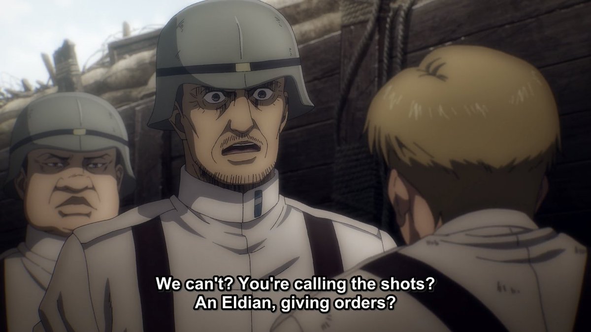 Meski unit Eldia sudah berjuang mati-matian, sang komander Marley tetap angkuh ketika mendapat saran dari Colt Grice."Seorang Eldia berani-beraninya memberi perintah?", ujarnya.