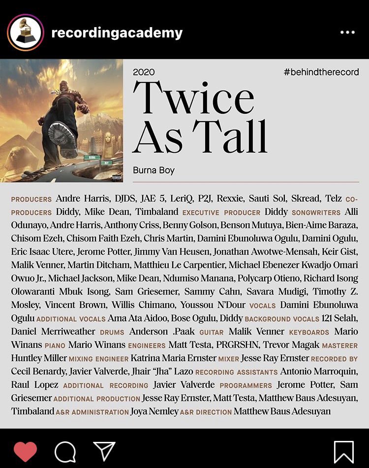 Jonathan Mensah-Jae5Malik Venner-Saxophonist for alarm clockMartin Ditcham-Drummer Matthieu Le Carpentier- Skread Michael Ebenezer- StormzyMichael Jackson- SampledMike Dean - Drums On WTBNdumiso Manana- Writer for Sauti SolRichard Isong Olowaranti- p2j