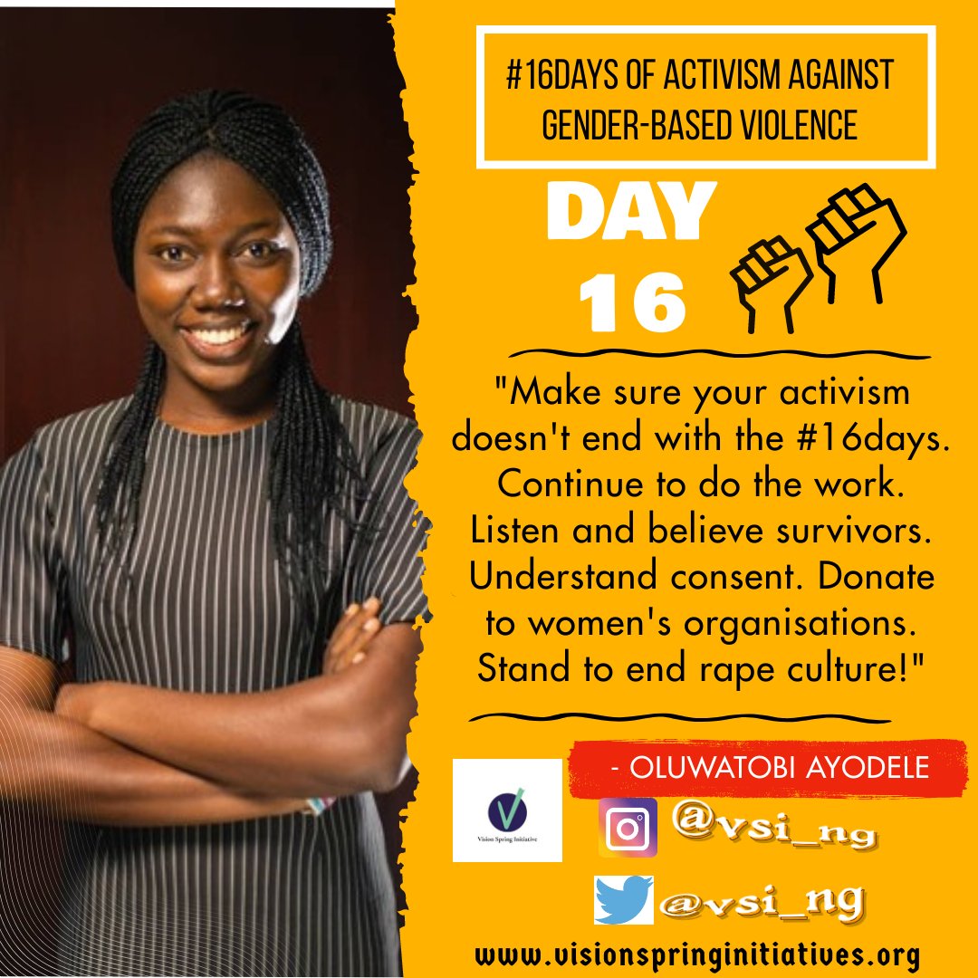 Day 16 of #16days is our focus on continuity. Our activism doesn't end today. Yours shouldn't too. Continue to do the work till violence against women and girls is eliminated! 

#16Days #HumanRightsDay #16DaysofActivism2020 #16DaysOfActivism