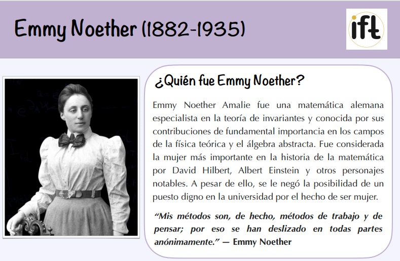 ift_uam_csic's tweet image. El teorema más bonito de las #matemáticas!! 😍😍
#EmmyNoether
Podéis grabar un vídeo o realizar algún dibujo relacionado con este tema (el formato es libre y podéis organizarlo como queráis) 
#YoutubersPorUnDía #Actividad11f
projects.ift.uam-csic.es/ed/wp-content/…