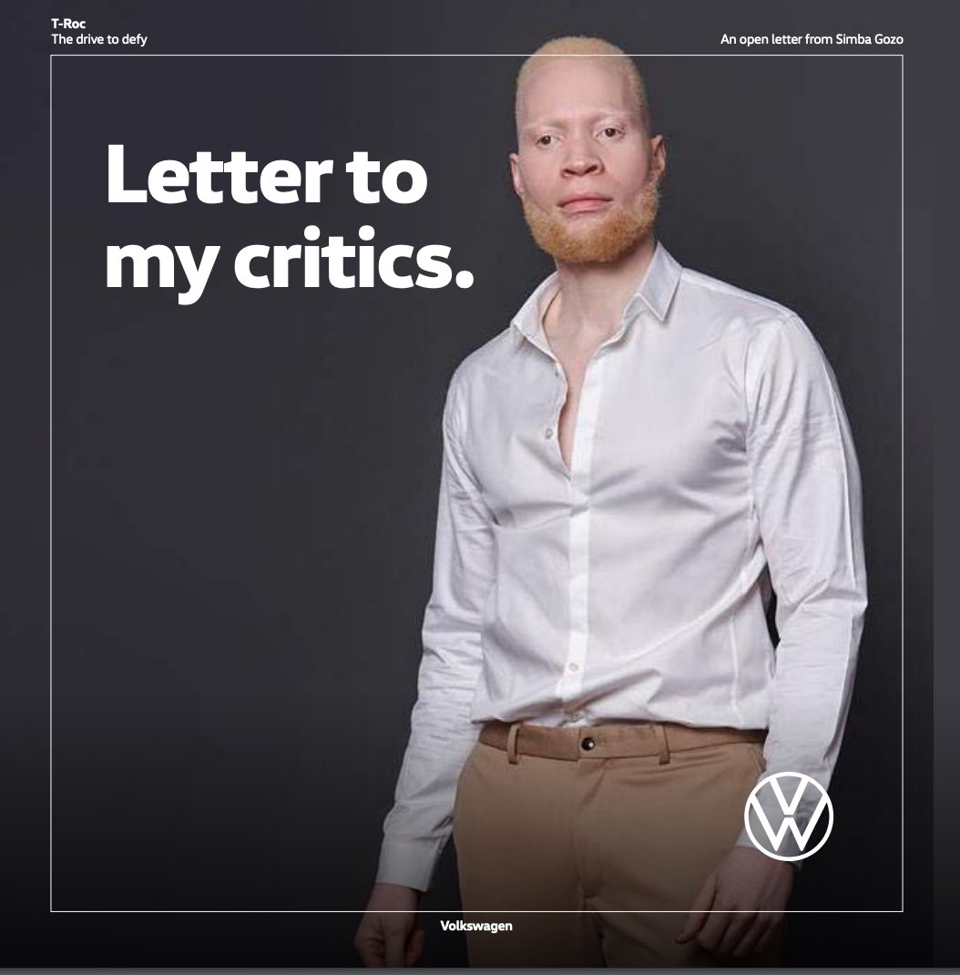 Simbagozo's tweet photo. I wrote a letter to my critics to thank them for constantly reminding me that I am different. Instead of letting it bring me down, I used it to defy the odds. Let my story inspire you to be great. 
#NewTRoc #TheDriveToDefy #lettertomycritics#Ad @VolkswagenSA https://t.co/Os2xMFnTFD