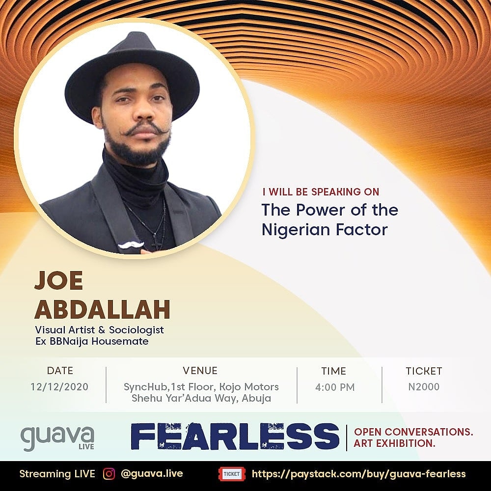 GuavaLive's tweet photo. @earninghonor @joeabdallah_ would be exploring the uniqueness and value of being Nigerian.

He also shares his personal experiences and life after the #BBNaija house.

Join us @thesynchub this Saturday.

#ActNow #thursdaymorning #Nigeria #AbujaTwitterCommunity #art #Creative #conversations https://t.co/wxsxMtlxDF