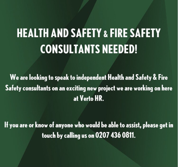 We are looking to speak to Independent Health and Safety and Fire Safety Consultants on a new exciting project here at <a href="/VERTOHR/">VERTO</a> 

#HealthAndSafety #firesafety #hr #training #residentialmanagement #propertymanagement