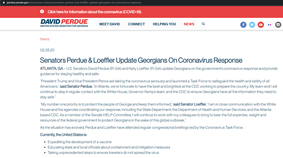 In Feb 2020 - PfizerPerdue made upwards of $260 000 worth of stocks between Feb 26 and Feb 28 On the 28th of Feb Perdue & Loeffler released a news release that they had regularly attended briefings led by the Covid taskforce.He purchased Pfizer again on the same day.