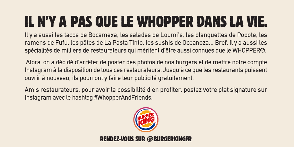 BurgerKingFR's tweet image. Amis restaurateurs, ce compte Instagram est le vôtre: instagram.com/burgerkingfr #WhopperAndFriends