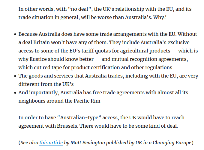 Australia does have trade relations with the EU which won’t be available to the UK without a deal with Brussels:● tariff quotas specific to Australia● mutual recognition agreements https://tradebetablog.wordpress.com/2020/11/30/worse-than-australia-style/8/9