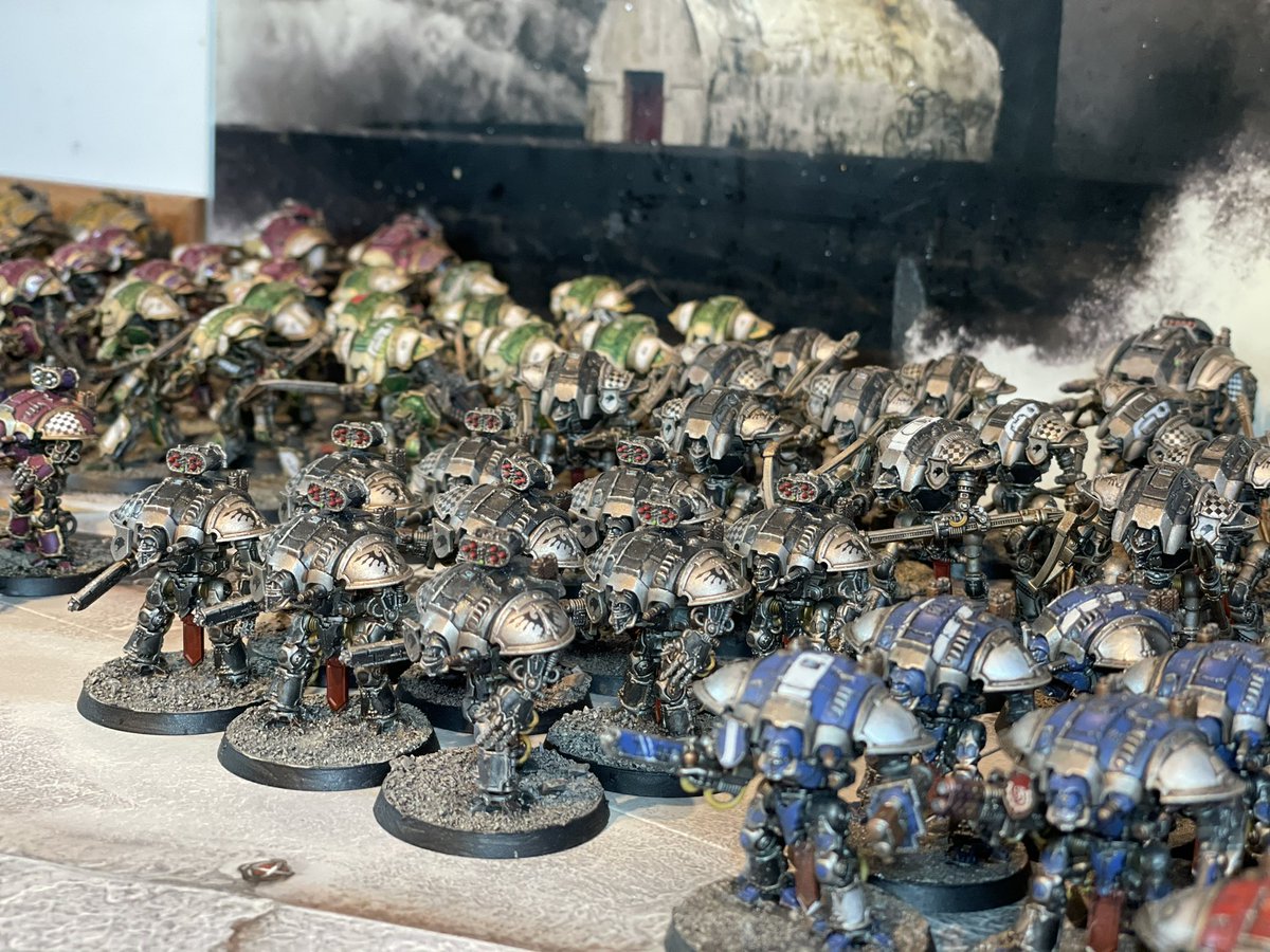 TheForgeofMars's tweet photo. So this happened... I was asked to provide evidence of how many knights I had so I just had to right? @WarComTeam #AdeptusTitanicus #TheForgeOfMars #ImperialKnights #HouseTaranis #HouseCaeserean #HouseDivine #HouseProconVi #HouseVyronii #warmongers #HorusHeresy #PaintingKnights https://t.co/bBp9jzJ8B4