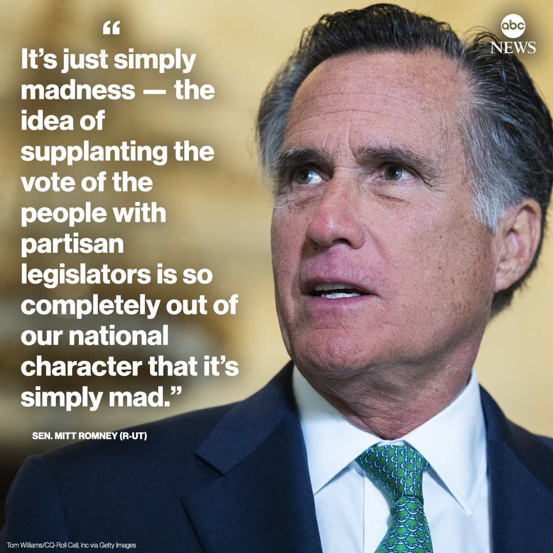 ABC's tweet image. Sen. Mitt Romney on Texas lawsuit against battleground states: “It’s just simply madness.” abcn.ws/3m3VBKg