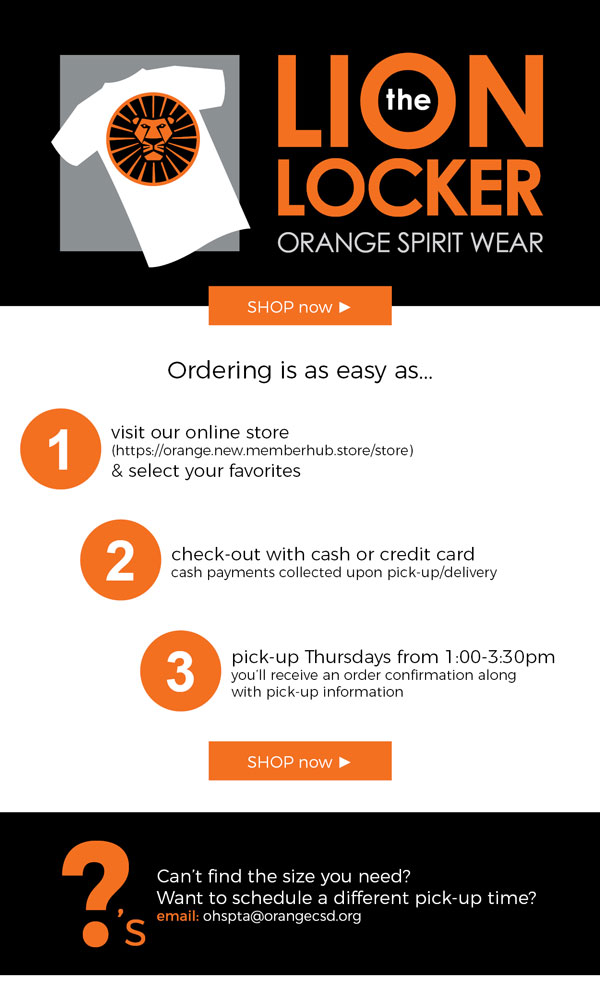 Still looking for some "spirit" for the holidays? Here is the PTA's updated spiritwear site with in-stock items you can pick up!
orange.new.memberhub.store/store